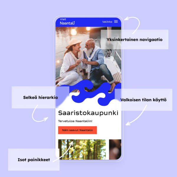 Visit Naantali -sivuston mobiilinäkymässä yksinkertainen navigaatio, selkeä hierarkia, valkoisen tilan käyttö ja isot painikkeet