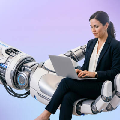 AI-generoitu kuva käyttäjästä, joka istuu kannettava tietokone sylissään suuren robottikäden päällä