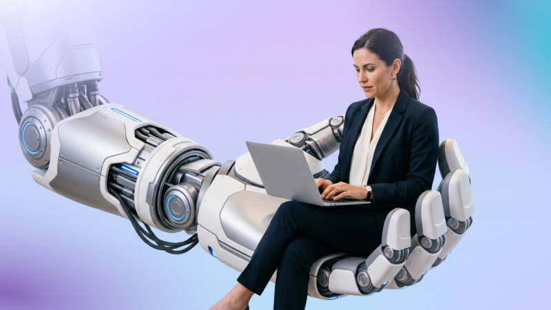 AI-generoitu kuva käyttäjästä, joka istuu kannettava tietokone sylissään suuren robottikäden päällä