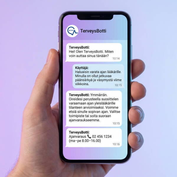 TerveysBotti-keskustelu älypuhelimen ruudulla käyttäjän kädessä