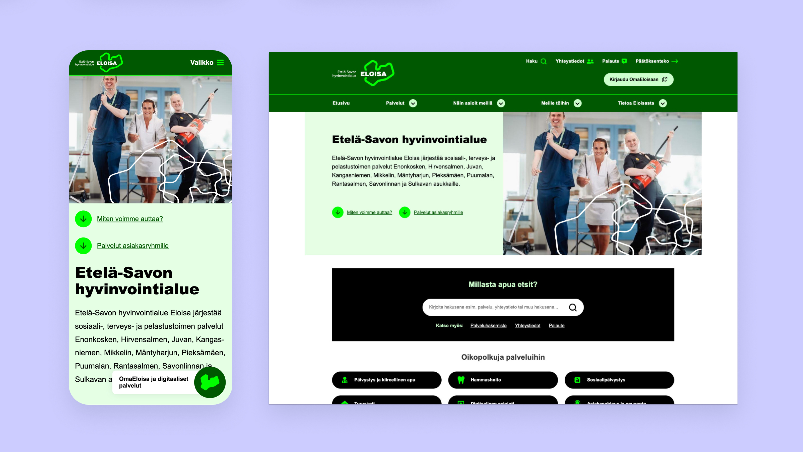 Etelä-Savon hyvinvointialueen verkkosivun mobiili- ja työpöytäkäyttöliittymät