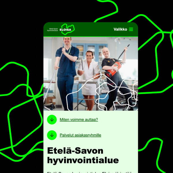 Eloisan brändivärimaailmaa ja mobiilikäyttöliittymän näkymä, jossa hyvinvointialueen työntekijät käyttävät työvälineitä soittiminaan