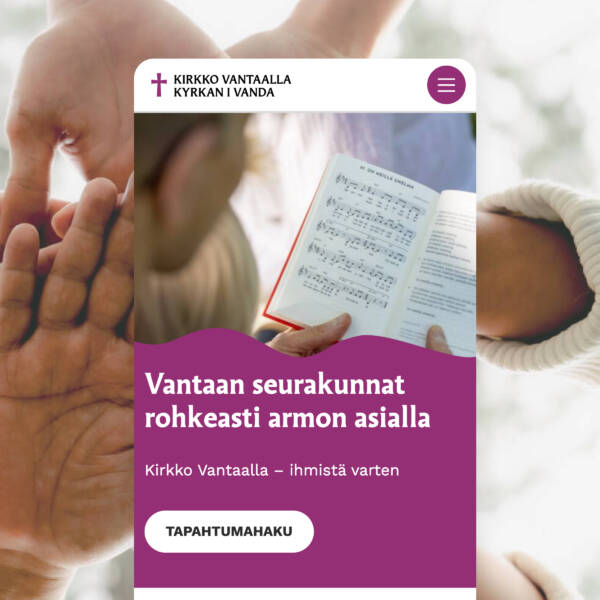 Näkymä Vantaan seurakuntien verkkosivuston mobiilikäyttöliittymästä