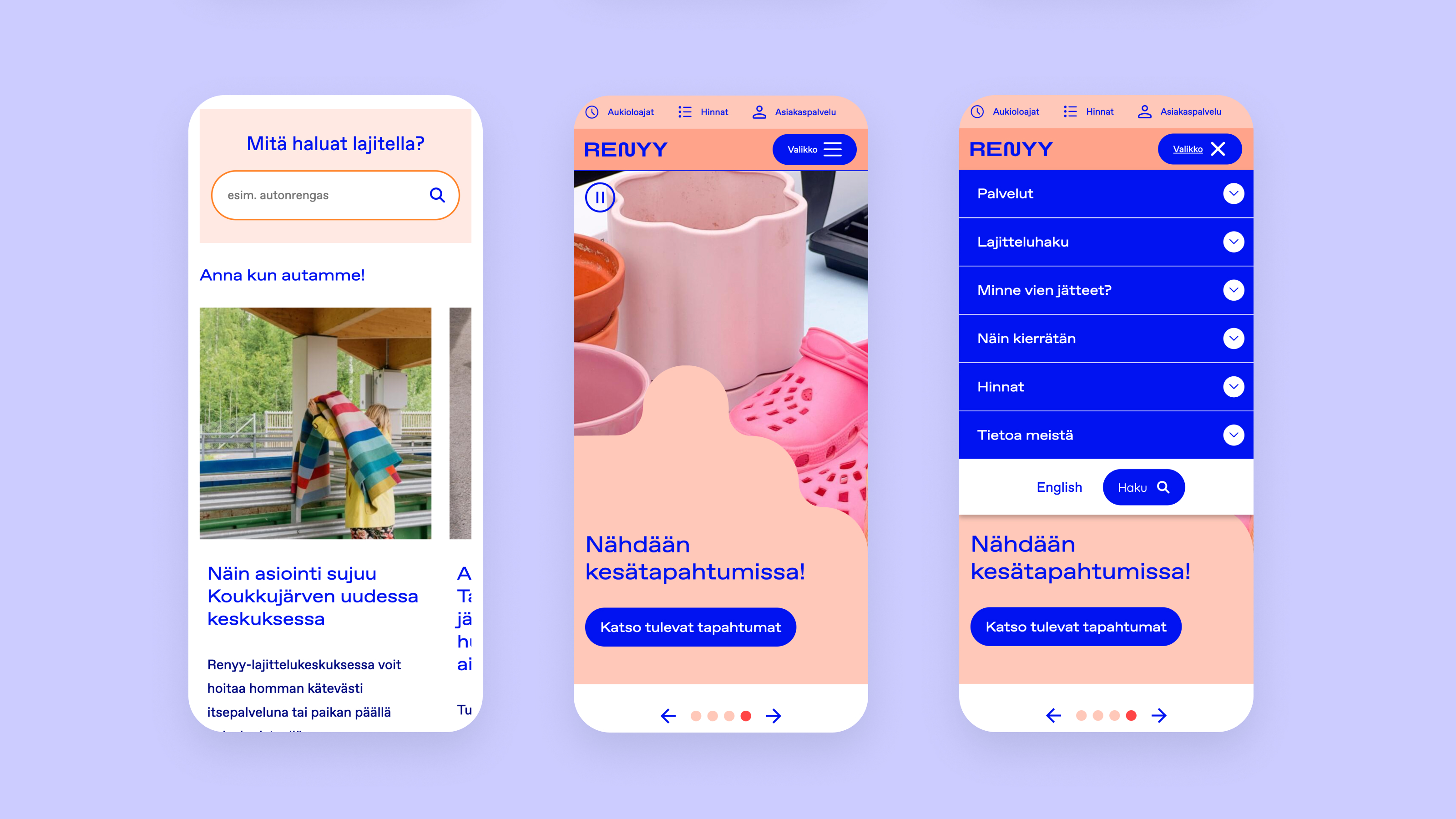 Renyy-verkkopalvelun mobiilikäyttömän näkymiä